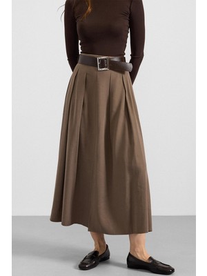 Olcay Kemer Detaylı Önden Yırtmaçlı Pileli Modal Etek Haki 7069