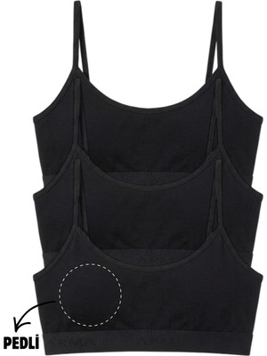 Genç Kız Ip Askılı Çıkarılabilir Pedli Yarım Atlet Alıştırma Sütyeni 3'lü Paket Siyah