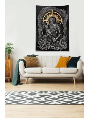 Storemax Pelangi Siyah Şövalye Desenli Leke Tutmaz Kadife Kumaş Duvar Örtüsü Duvar Halısı Tapestry, Siyah- 70 x 100, 8594411701002