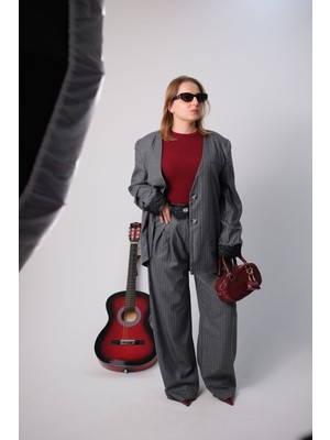 Keymood Dantel Detaylı Gri Oversize Ceket Takım