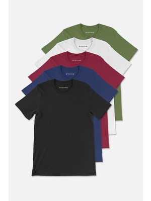 Stoykis Erkek Yeşil Beyaz Bordo Lacivert Siyah %100 Pamuklu 5 Li T-Shirt Paketi Regular Fit -Kyr-51