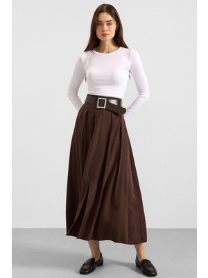 Olcay Kemer Detaylı Önden Yırtmaçlı Pileli Modal Etek Kahve 7069