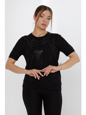 Kazee Kadın Taş Süslemeli Amerikan Model Kısa Kollu Triko Kazak 30315 Siyah