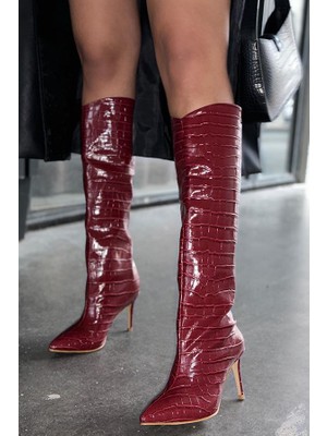 BeBeQ Karen Bordo Croc  Desen Ince Topuklu Kadın Çizme