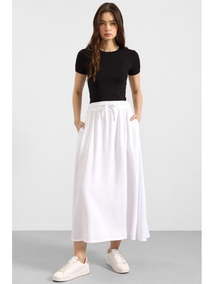 Olcay Beli Lastikli Soft Denim Etek Beyaz 7068