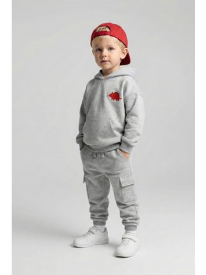 Luess Erkek Çocuk Dinozor Baskılı Organik Pamuk Gri Alt Üst Takım