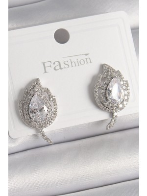 İlk El Grup Pirinç Gümüş Renk Zirkon Taşlı Yaprak Model Kadın Küpe - TJ-BKP9946 Iegtgrs-34