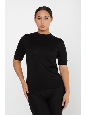 Kazee Kadın Kendinden Dokumalı Amerikan Model Kısa Kol Triko Kazak 30131 Siyah