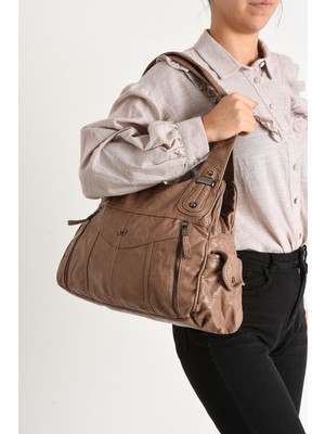 Duomino Yıkama Deri Vizon Çok Bölmeli Çapraz ve Omuz Çantası / Kol Çantası