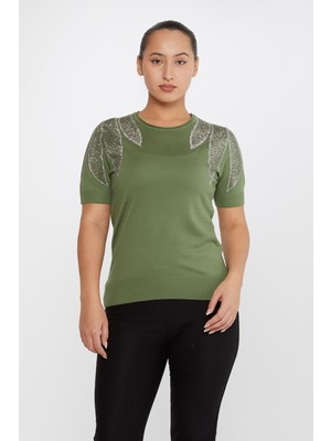 Kazee Kadın Taş Detaylı Kısa Kollu Triko Kazak 30792 Haki