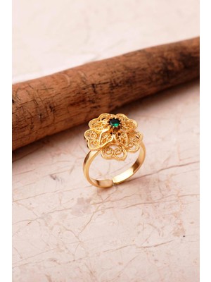 Sümer Telkari Taşlı Telkari Elişi Altın Kaplama 925 Ayar Gümüş Çiçek Yüzük 6000