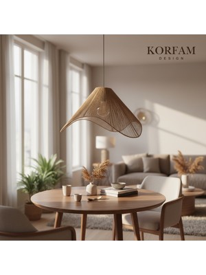 Korfam Home Design Wavy Avize - Kahverengi Hasır El Yapımı Bohem Büyük Asimetrik Şekilli Rustik Avize