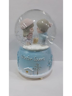 PremiumPort Işıklı Kar Püskürten Aşıklar Müzikli Cam Kar Küresi, Mavi