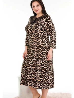 Leopar Desenli Lady 7244 Kadın Yarım Kol Omuzları Dantel Büyük Beden Anne Elbise, Anne Gecel