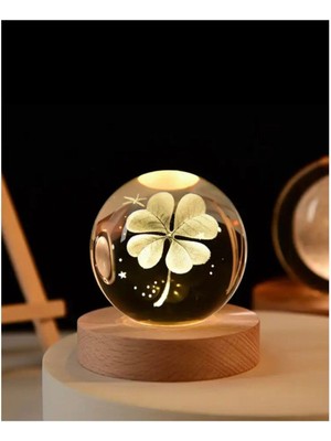 PremiumPort Işıklı Ahşap Standlı Dört Yapraklı Yonca Cam Küre, USB Bağlantılı