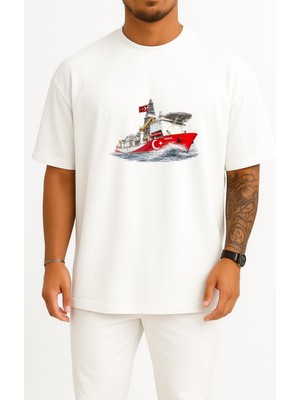 Bahriyeli Collection Oversize Yavuz Sondaj Gemisi Dalgalar Arası Göğüs ve Sırt Baskılı Unisex T-Shirt