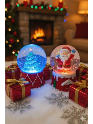 PremiumPort Yılbaşı LED Işıklı Noel Baba ve Çam Ağacı Kar Küresi Seti (2’li)