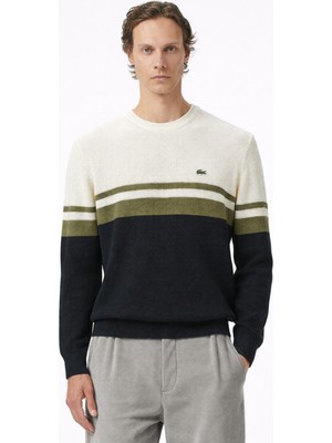 Lacoste Erkek Classic Fit Haroşa Örgü Renk Bloklu %100 Pamuk Lacivert Bej Haki Kazak