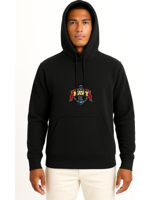 Bahriyeli Collection Kapüşonlu Çapa ve Navy Göğüs Baskılı Unisex Sweatshirt