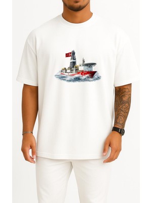Bahriyeli Collection Oversize Fatih Sondaj Gemisi Dalgalar Arası Göğüs ve Sırt Baskılı Unisex T-Shirt