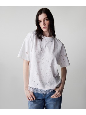 İpekyol Eskitme efektli kumaş mix tişört IS1260070098002