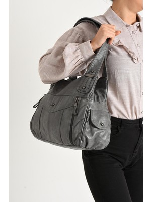 Duomino Yıkama Deri Gri Çok Bölmeli Çapraz ve Omuz Çantası / Kol Çantası