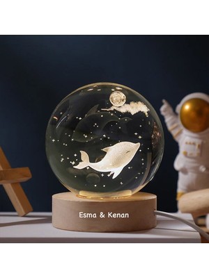 PremiumPort Kişiye Özel Ahşap Işıklı Balık Temalı Cam Küre 8X6CM, Karışık Renkler
