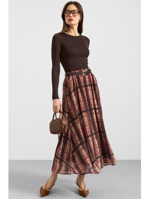 Olcay Kemer Aksesuarlı Beli Lastikli Şifon Etek Kahve 7070