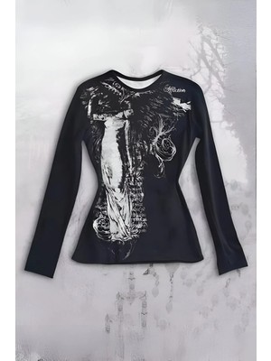 İsra Ayyıldız Moonstar Collection Siyah Vintage Angel Affliction Cyber Grunge Y2K Uzun Kollu Vücudu Saran Bluz