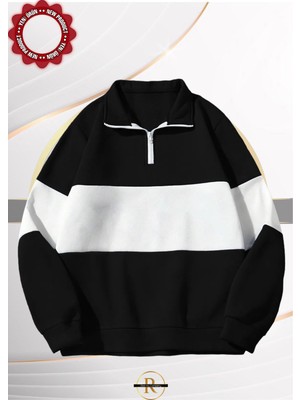 Risil-Nu Company Unisex Siyah Çizgili Oversize Polo Yaka Yarım Fermuarlı Sweatshirt