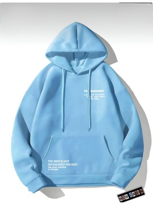 Risil-Nu Company Unisex Bej 3 Iplik Şardonlu Kanguru Cepli Happiest Baskılı Oversize Kapşonlu Sweatshirt