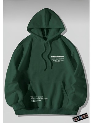 Risil-Nu Company Unisex Bej 3 Iplik Şardonlu Kanguru Cepli Happiest Baskılı Oversize Kapşonlu Sweatshirt