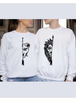 Risil-Nu Company Kış Sezonuna Özel %100 Pamuklu Aslan Baskılı Sıfır Yaka Sevgili Kombini Sweat