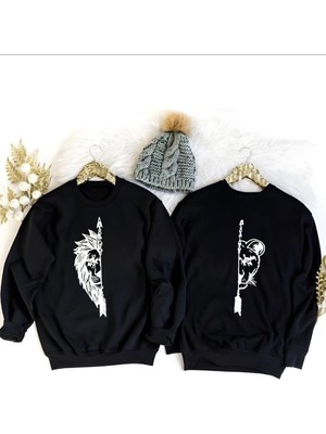 Risil-Nu Company Kış Sezonuna Özel %100 Pamuklu Aslan Baskılı Sıfır Yaka Sevgili Kombini Sweat