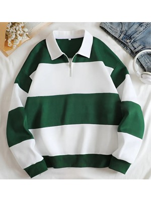 Risil-Nu Company Yeni Sezon 3 Iplik Şardonlu Çizgi Detaylı Oversize Yarım Fermuarlı Sweat