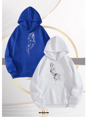 Risil-Nu Company Yeni Sezon Wolf Couple Baskılı 3 Iplik Oversize Kapüşonlu 2'li Sweatshirt Takım - Sevgili Kombini