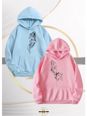 Risil-Nu Company Yeni Sezon Wolf Couple Baskılı 3 Iplik Oversize Kapüşonlu 2'li Sweatshirt Takım - Sevgili Kombini