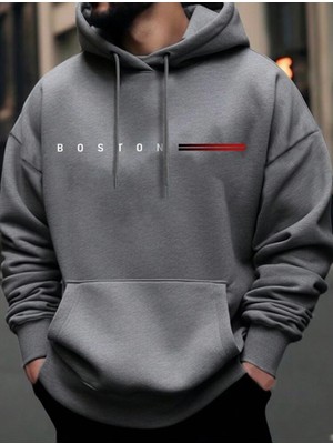 Risil-Nu Company Kapüşonlu Boston Çizgi Baskılı Sweatshirt Mevsimlik Sonbahar Kış Için Uygundur