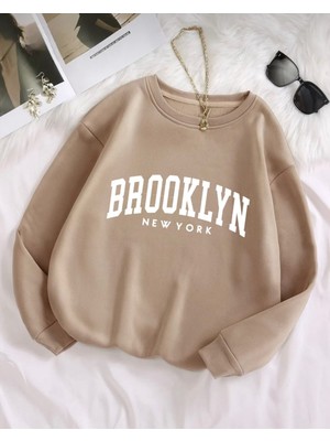 Risil-Nu Company Yeni Sezon Basic Sıfır Yaka Brooklyn Baskılı Oversize Salaş Bol Kesim Polar Sweatshirt