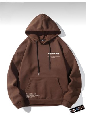 Risil-Nu Company Unisex Bej 3 Iplik Şardonlu Kanguru Cepli Happiest Baskılı Oversize Kapşonlu Sweatshirt