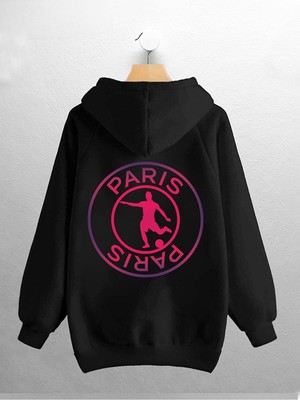Risil-Nu Company Yeni Sezon Unisex Paris Futbol Sırt Baskılı Siyah Kanguru Cepli Hoodie