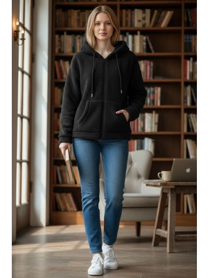 Risil-Nu Company Kadın Peluş Fermuarlı Kapüşonlu Polar Sweatshirt – Yumuşak Dokulu Rahat Oversize Model