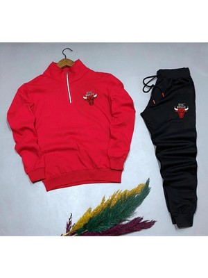 Risil-Nu Company Yeni Sezon Pamuklu Yarım Fermuarlı Blls Baskılı Sweat- Pamuklu Eşofman Altı Takım 2'li Alt Üst