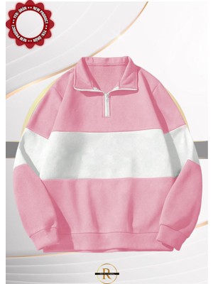 Risil-Nu Company Unisex Siyah Çizgili Oversize Polo Yaka Yarım Fermuarlı Sweatshirt