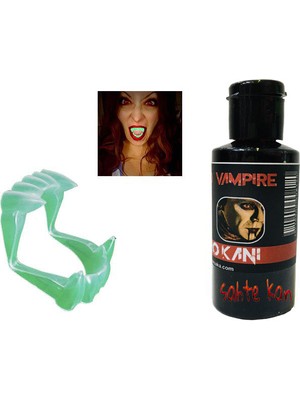 NessiWorld Fosforlu Çift Damak Takma Vampir Dişi ve 50 gr Tiyatro Kanı Set