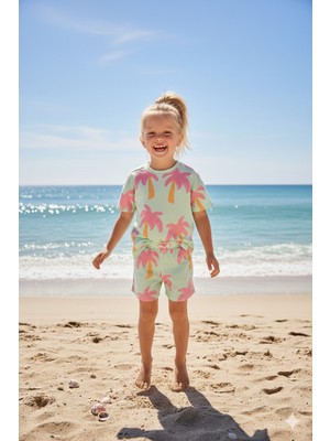 Monila Kız Çocuk Mint Palmiye Baskılı Pamuklu Şortlu Altüst Takım