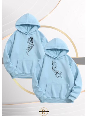 Risil-Nu Company Yeni Sezon Wolf Couple Baskılı 3 Iplik Oversize Kapüşonlu 2'li Sweatshirt Takım - Sevgili Kombini