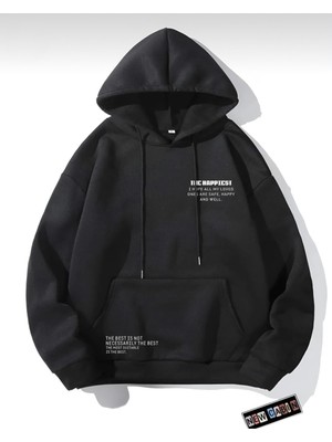 Risil-Nu Company Unisex Bej 3 Iplik Şardonlu Kanguru Cepli Happiest Baskılı Oversize Kapşonlu Sweatshirt