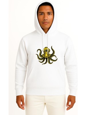 Bahriyeli Collection Kapüşonlu Steampunk Octopus Dalgıç Başlığı Göğüs ve Sırt Baskılı Unisex Sweatshirt