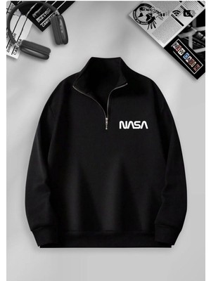 Risil-Nu Company Yarım Fermuarlı 2 Iplik Içi Polarlı Kışlık Unisex Dik Yaka Nasa Baskılı Siyah Sweatshirt